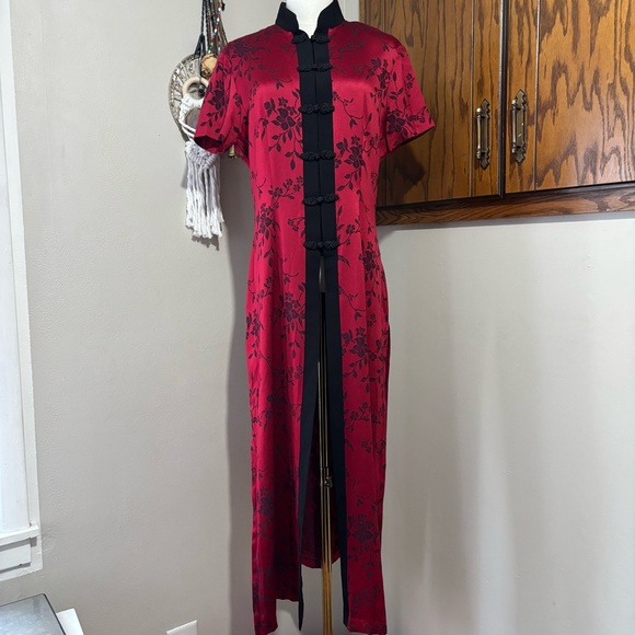 Sheri Martin Vintage Red & Black Floral Qipao Cheongsam Long Jacket Cape Size 12 - Picture 2 of 12